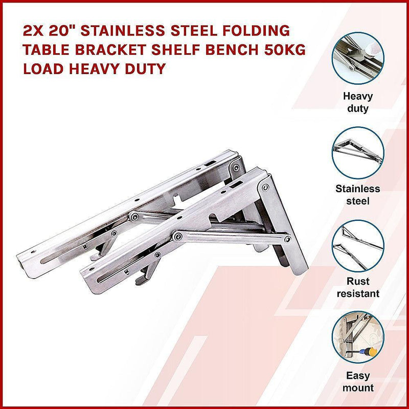 2x 20" Stainless Steel Folding Table Bracket Shelf Bench 50kg Load Heavy Duty - John Cootes