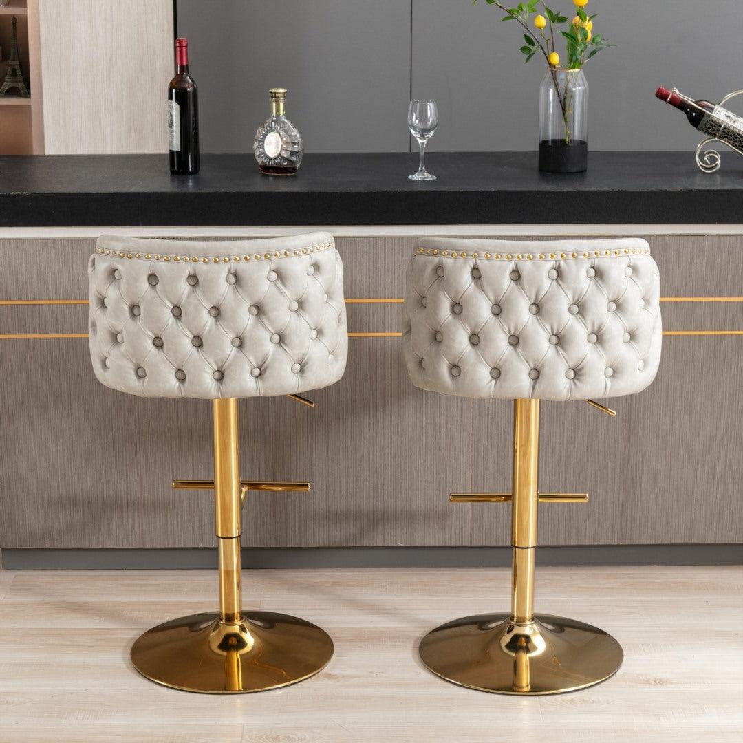 2x Faux Leather Golden Base Swivel Bar Stools- Beige - John Cootes