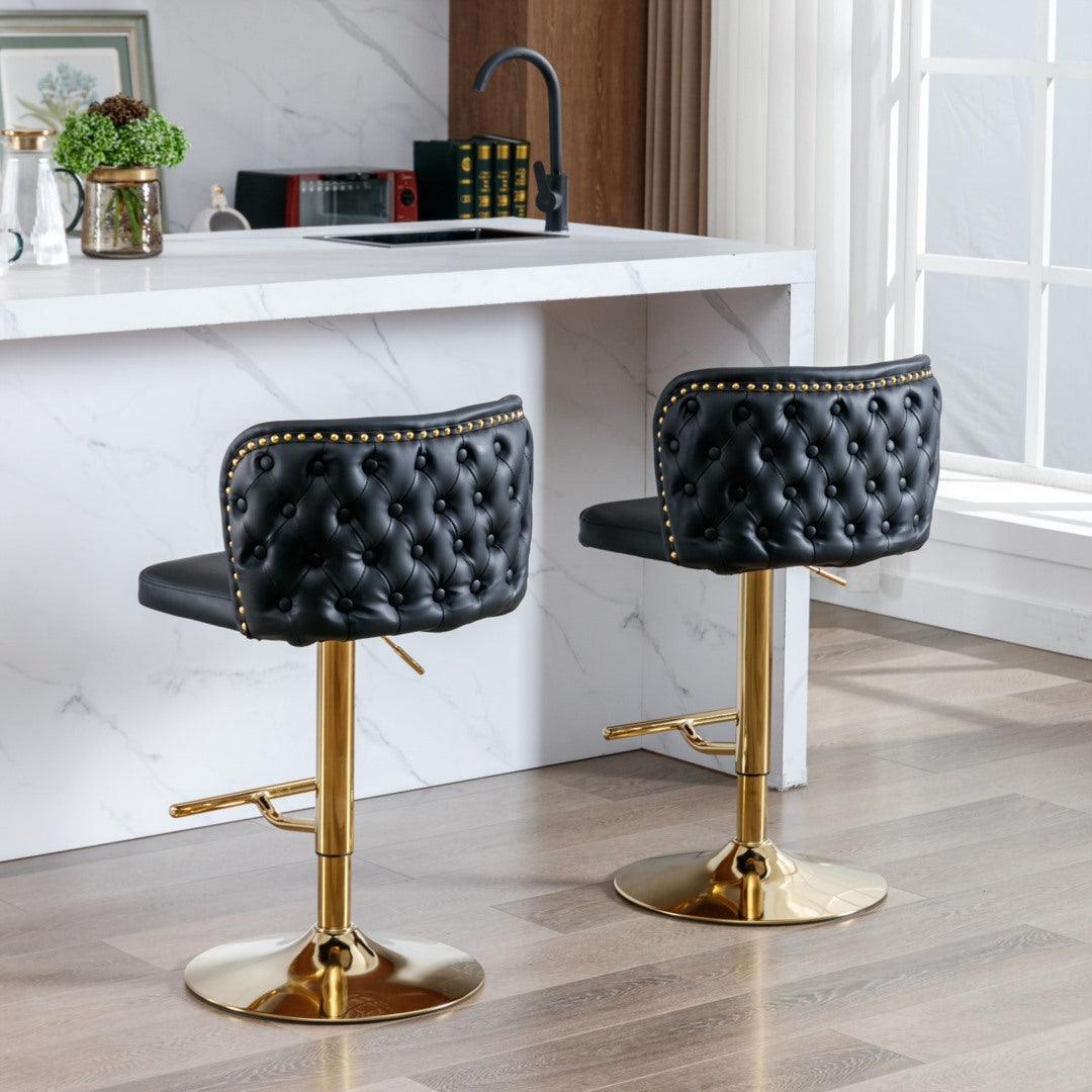 2x Faux Leather Golden Base Swivel Bar Stools- Black - John Cootes