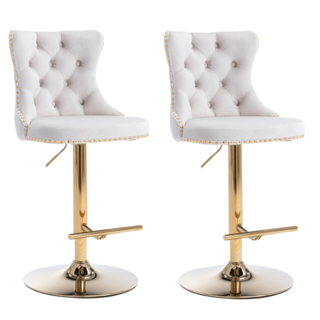 2x Height Adjustable Swivel Bar Stool Velvet Studs Barstool with Footrest and Golden Base- Beige - John Cootes