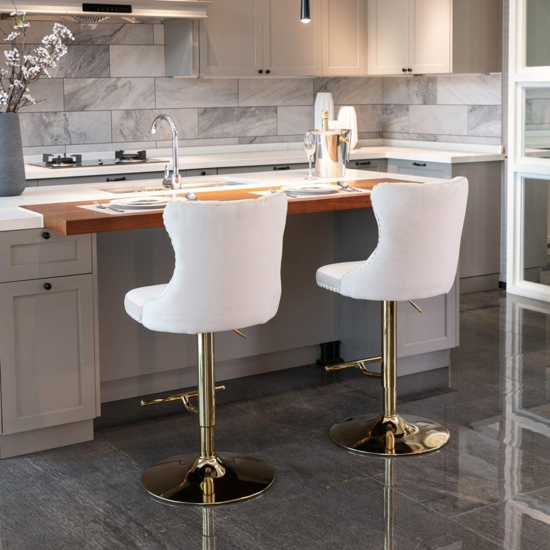 2x Height Adjustable Swivel Bar Stool Velvet Studs Barstool with Footrest and Golden Base- Beige - John Cootes