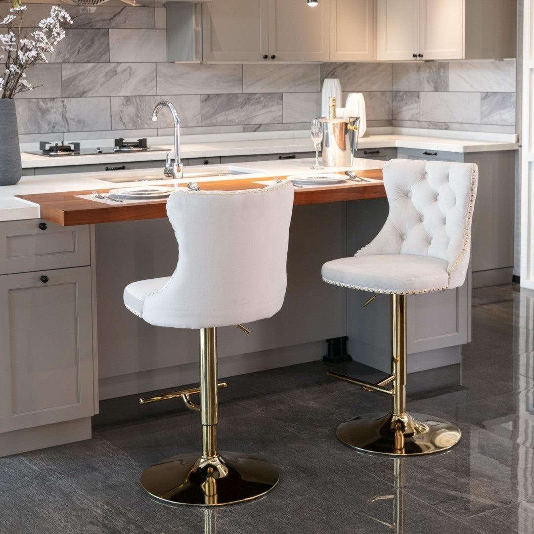 2x Height Adjustable Swivel Bar Stool Velvet Studs Barstool with Footrest and Golden Base- Beige - John Cootes