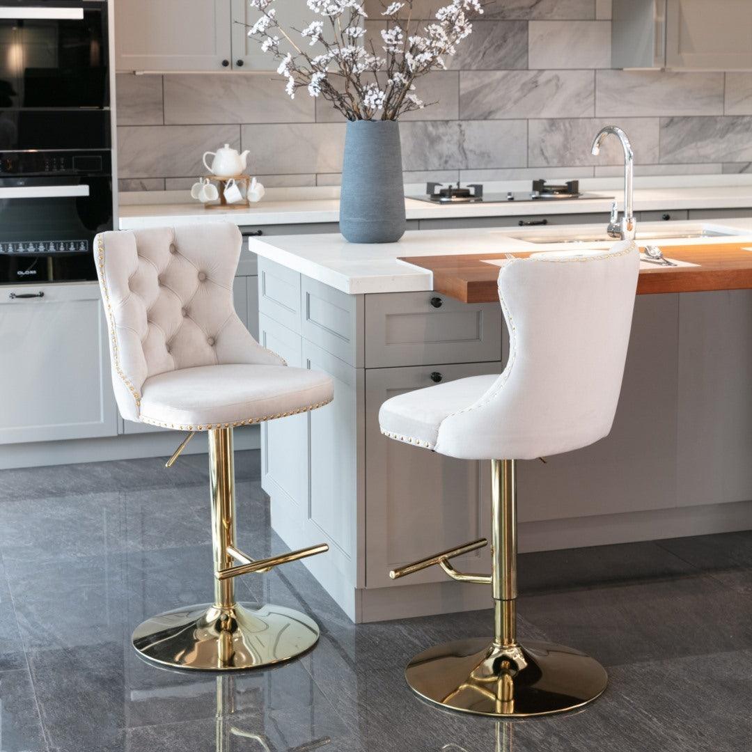 2x Height Adjustable Swivel Bar Stool Velvet Studs Barstool with Footrest and Golden Base- Beige - John Cootes
