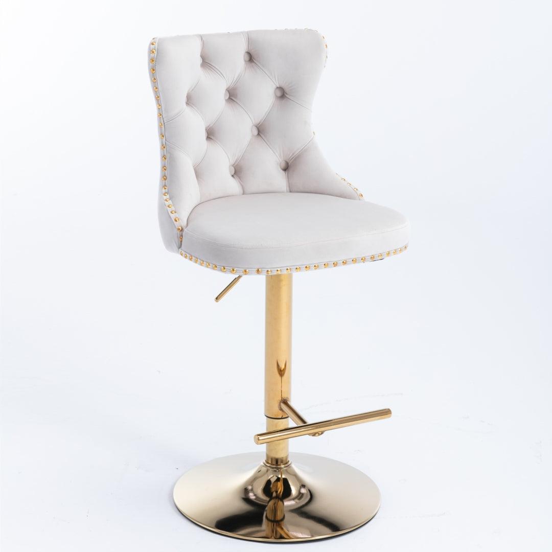 2x Height Adjustable Swivel Bar Stool Velvet Studs Barstool with Footrest and Golden Base- Beige - John Cootes