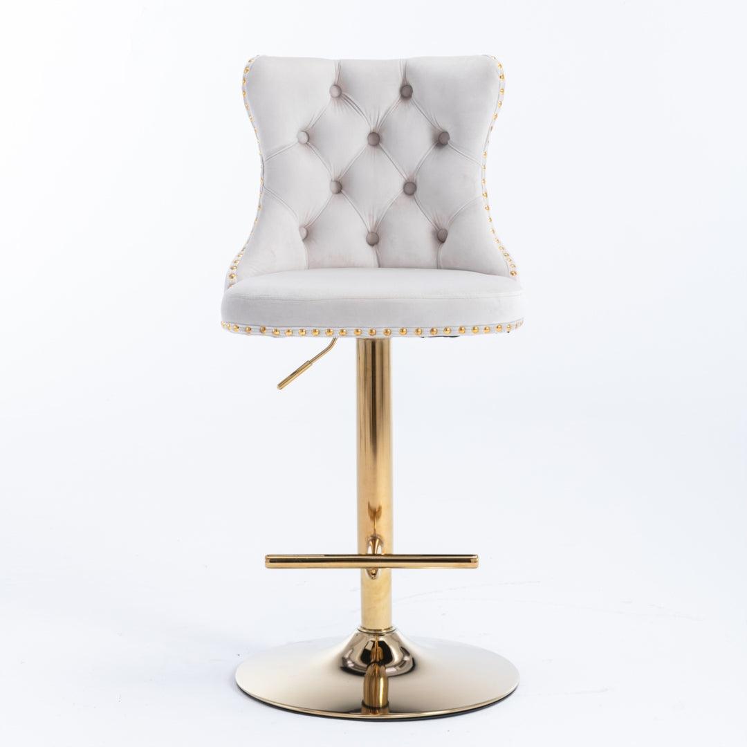 2x Height Adjustable Swivel Bar Stool Velvet Studs Barstool with Footrest and Golden Base- Beige - John Cootes