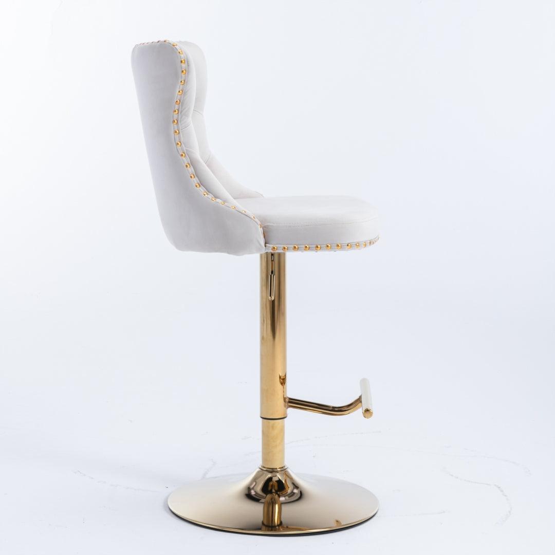 2x Height Adjustable Swivel Bar Stool Velvet Studs Barstool with Footrest and Golden Base- Beige - John Cootes