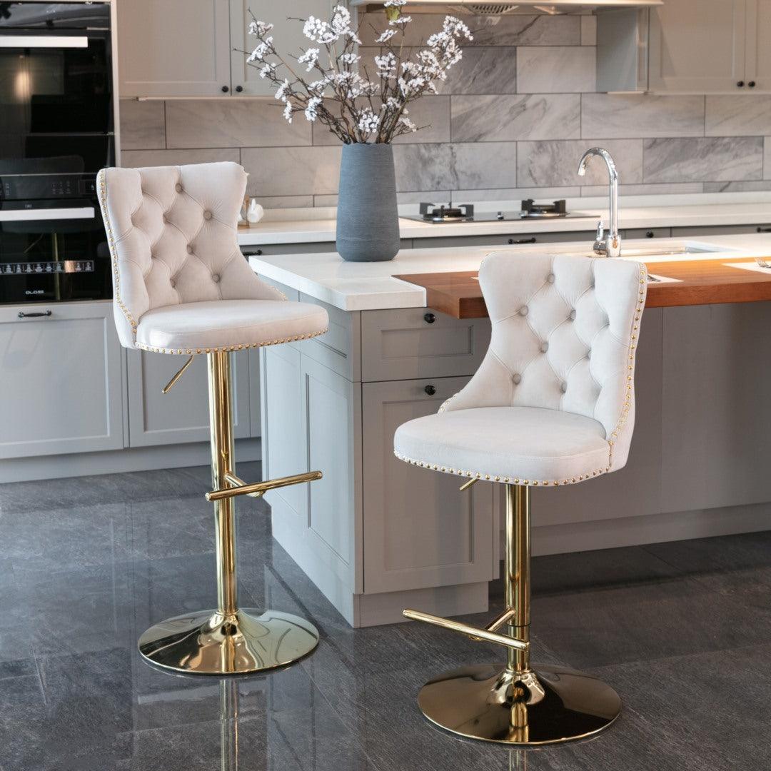 2x Height Adjustable Swivel Bar Stool Velvet Studs Barstool with Footrest and Golden Base- Beige - John Cootes