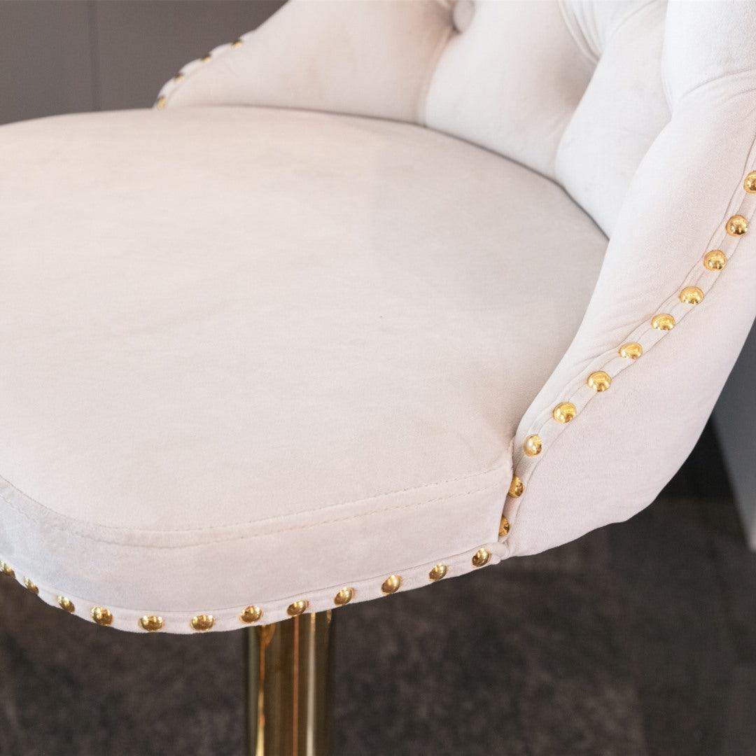 2x Height Adjustable Swivel Bar Stool Velvet Studs Barstool with Footrest and Golden Base- Beige - John Cootes