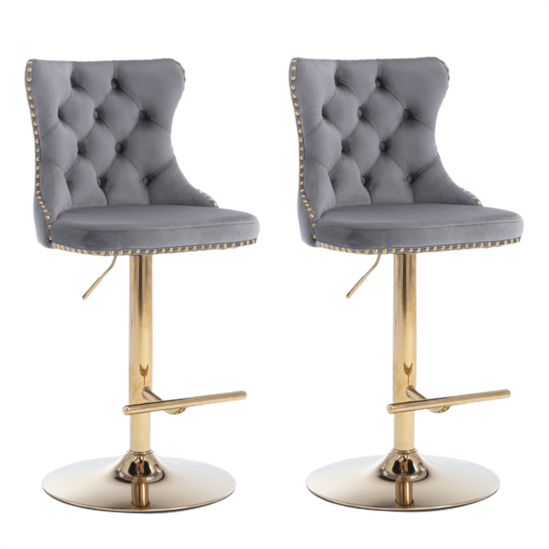 2x Height Adjustable Swivel Bar Stool Velvet Studs Barstool with Footrest and Golden Base- Grey - John Cootes