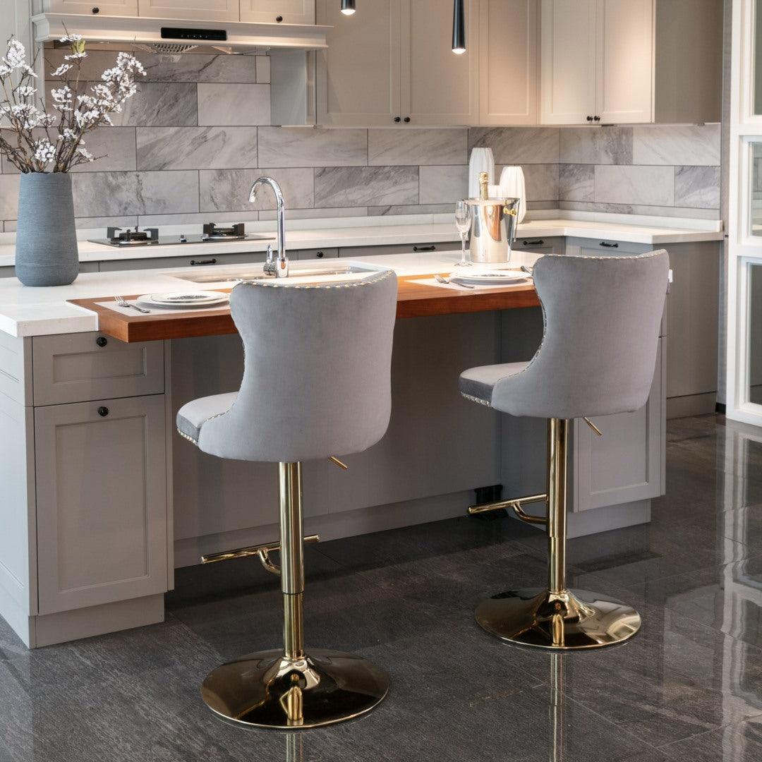 2x Height Adjustable Swivel Bar Stool Velvet Studs Barstool with Footrest and Golden Base- Grey - John Cootes