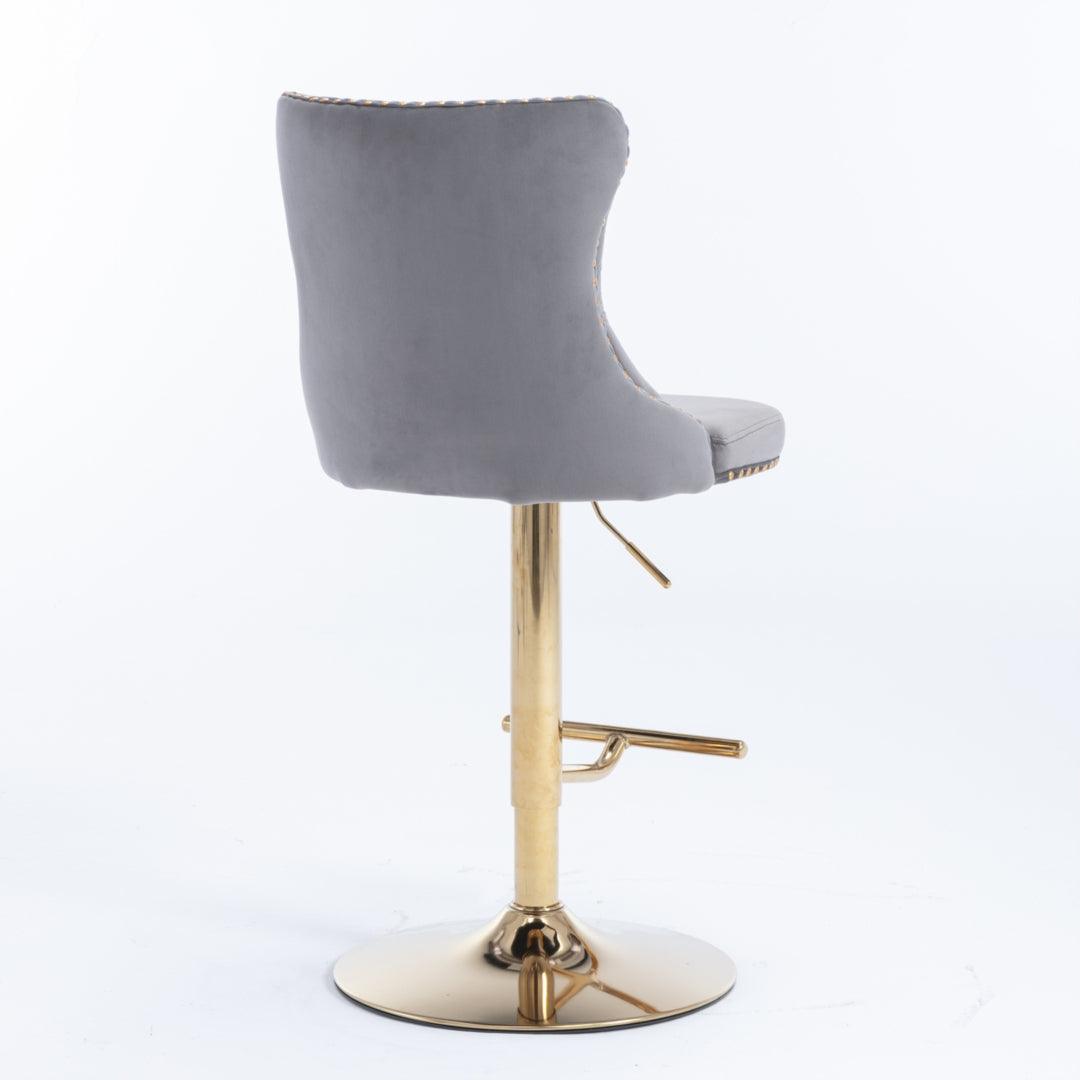 2x Height Adjustable Swivel Bar Stool Velvet Studs Barstool with Footrest and Golden Base- Grey - John Cootes