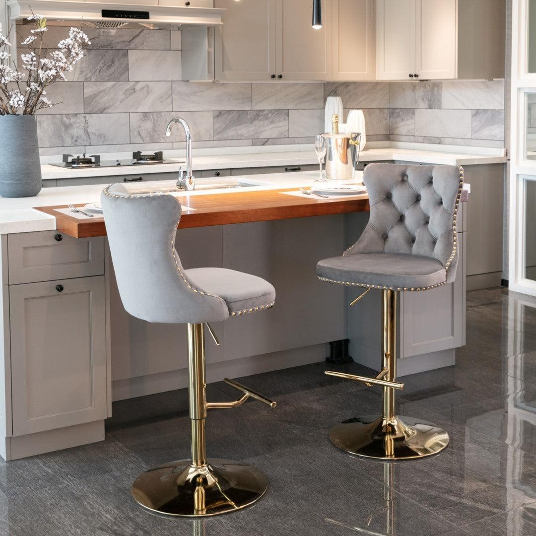 2x Height Adjustable Swivel Bar Stool Velvet Studs Barstool with Footrest and Golden Base- Grey - John Cootes