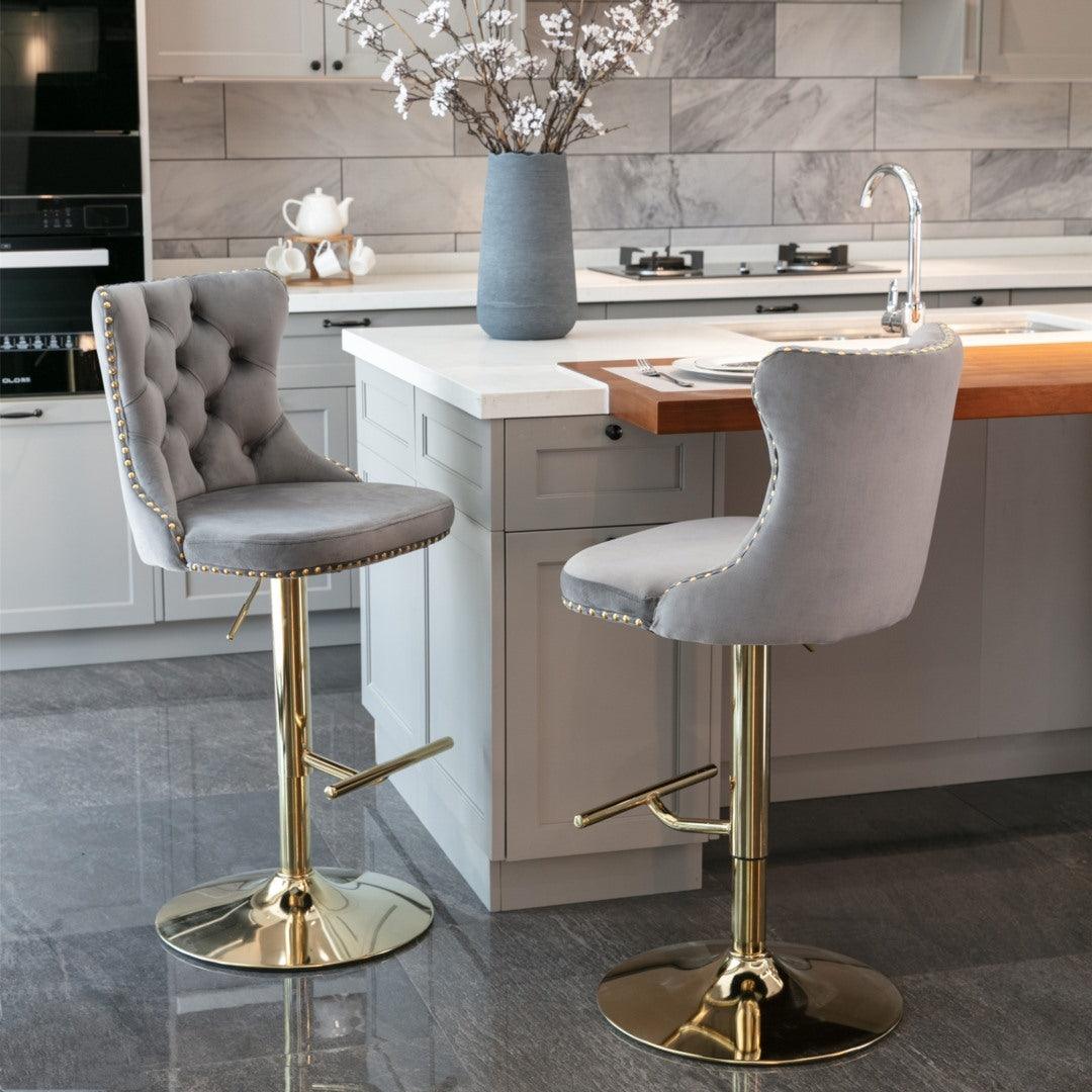 2x Height Adjustable Swivel Bar Stool Velvet Studs Barstool with Footrest and Golden Base- Grey - John Cootes