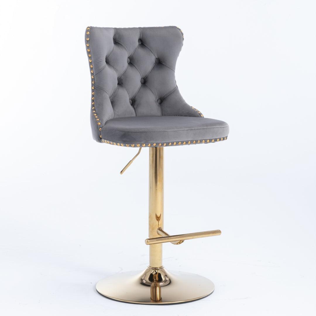 2x Height Adjustable Swivel Bar Stool Velvet Studs Barstool with Footrest and Golden Base- Grey - John Cootes