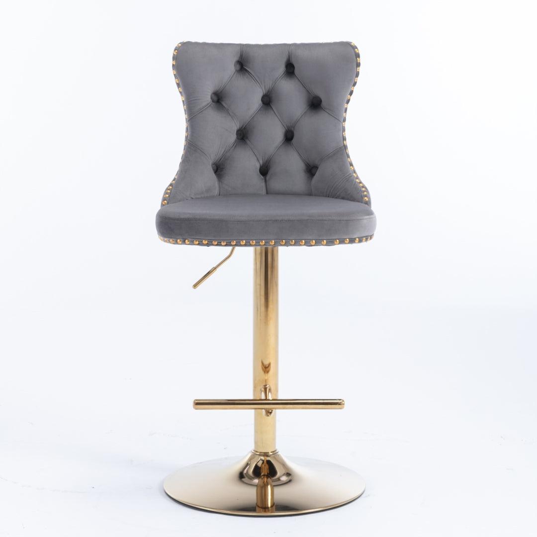2x Height Adjustable Swivel Bar Stool Velvet Studs Barstool with Footrest and Golden Base- Grey - John Cootes