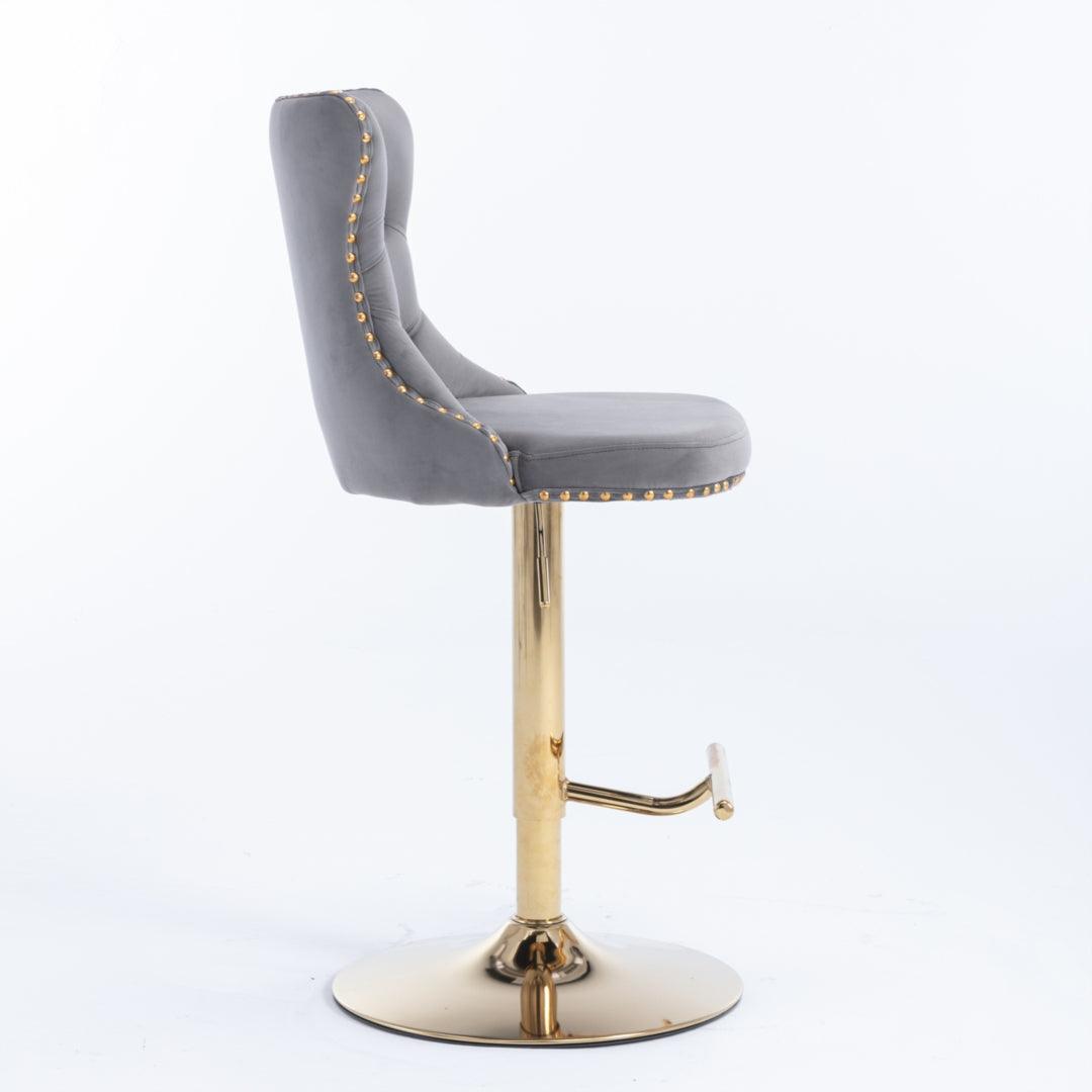 2x Height Adjustable Swivel Bar Stool Velvet Studs Barstool with Footrest and Golden Base- Grey - John Cootes