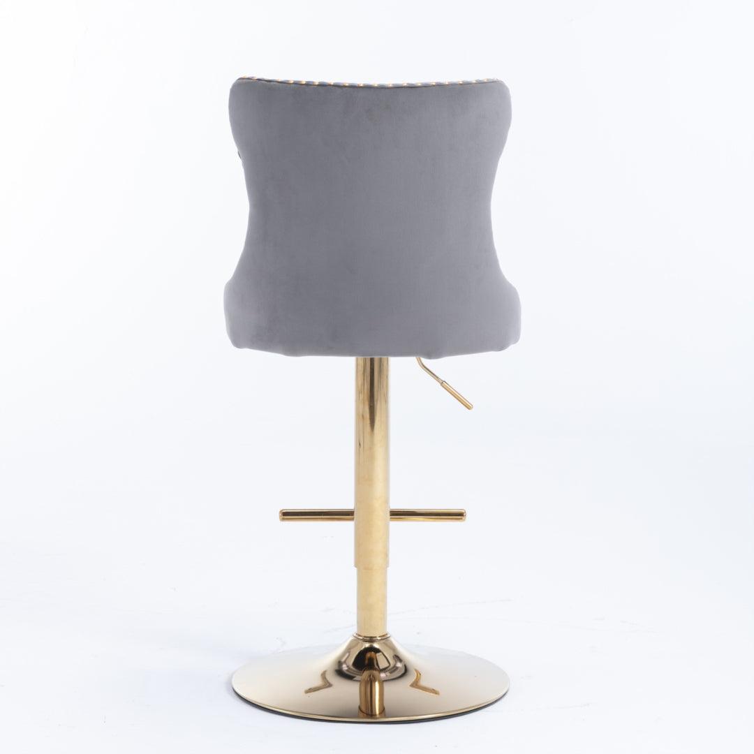 2x Height Adjustable Swivel Bar Stool Velvet Studs Barstool with Footrest and Golden Base- Grey - John Cootes