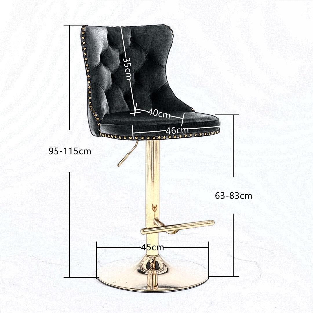 2x Height Adjustable Swivel Bar Stool Velvet Studs Barstool with Footrest and Golden Base- Grey - John Cootes
