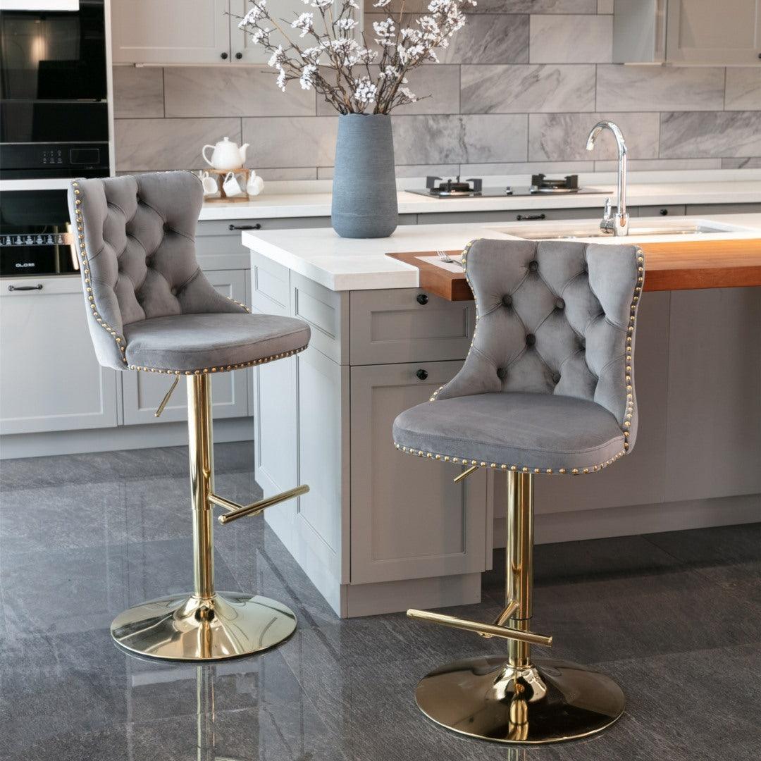 2x Height Adjustable Swivel Bar Stool Velvet Studs Barstool with Footrest and Golden Base- Grey - John Cootes