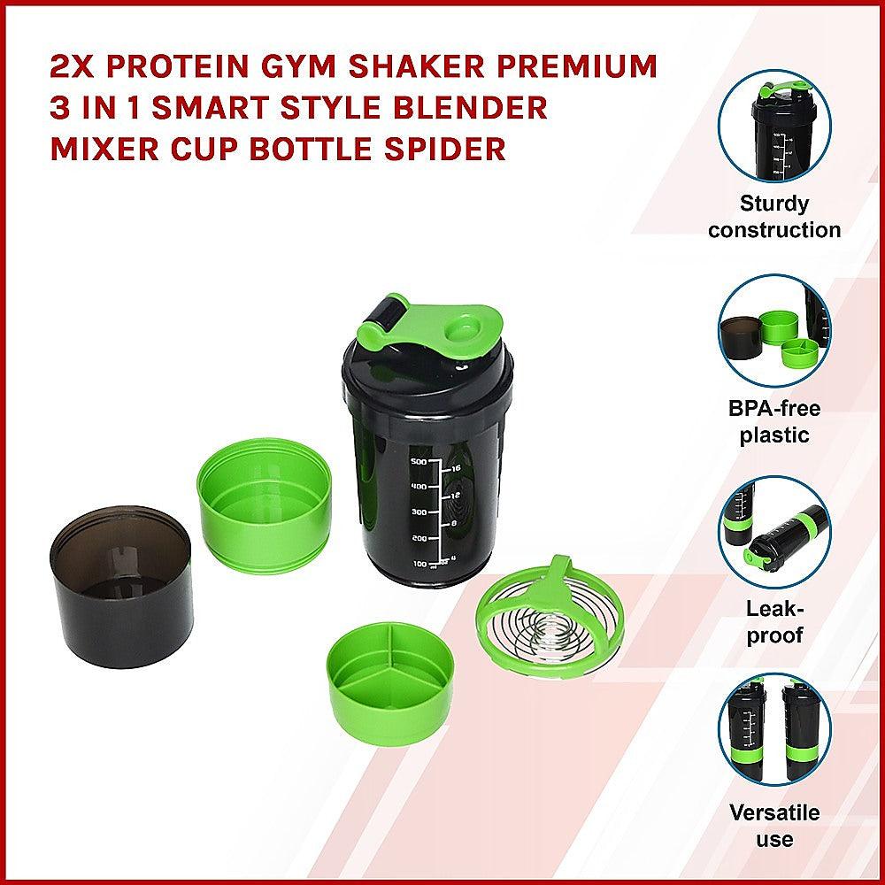 2x Protein Gym Shaker Premium 3 in 1 Smart Style Blender Mixer Cup Bottle Spider - John Cootes