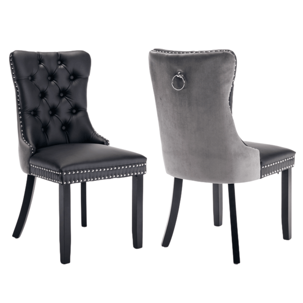 2x PU Faux Leather & Velvet Dining Chairs-Black & Grey - John Cootes