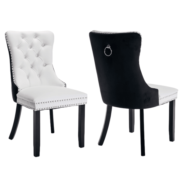 2x PU Faux Leather & Velvet Dining Chairs-White & Black - John Cootes