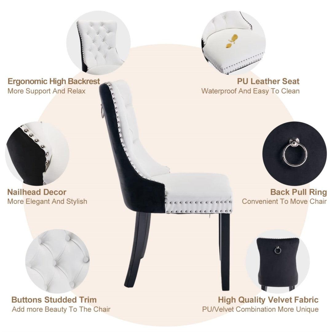 2x PU Faux Leather & Velvet Dining Chairs-White & Black - John Cootes