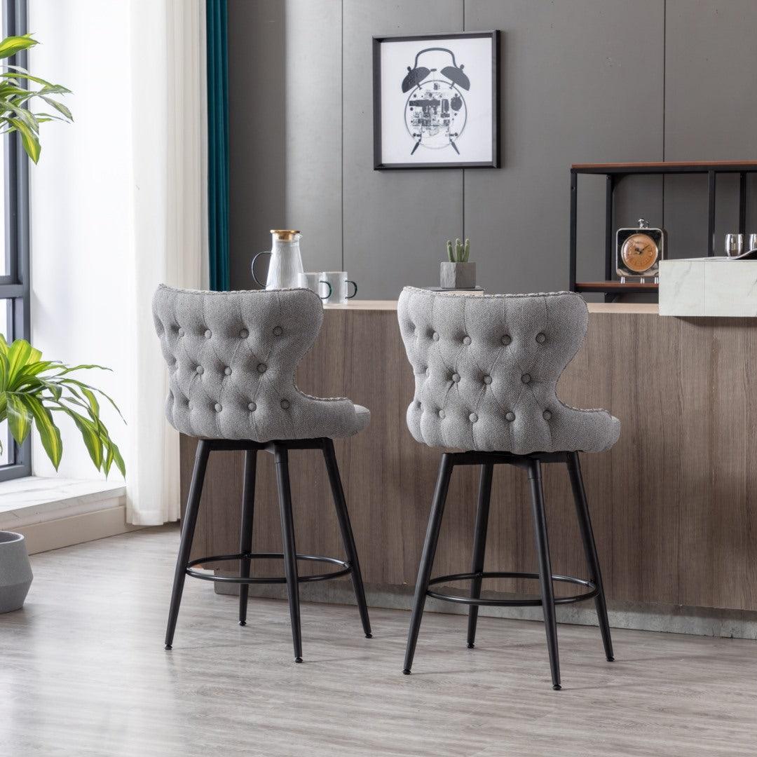 2x Swivel Bar Stools Tufted Counter Chairs with Stud Trim and Metal Base-Dark Grey - John Cootes