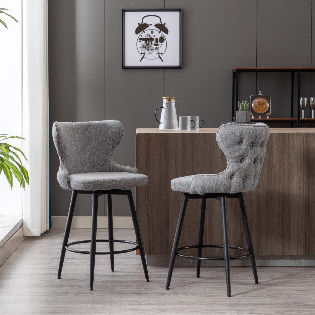2x Swivel Bar Stools Tufted Counter Chairs with Stud Trim and Metal Base-Dark Grey - John Cootes