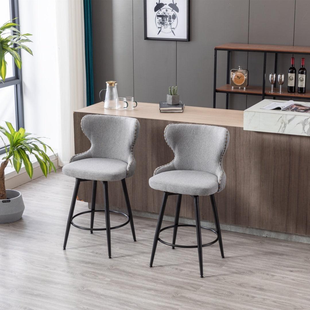 2x Swivel Bar Stools Tufted Counter Chairs with Stud Trim and Metal Base-Dark Grey - John Cootes