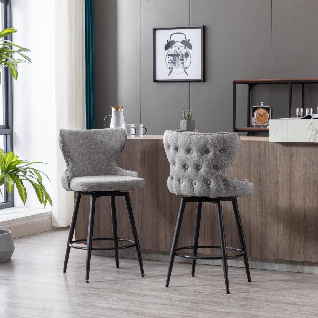 2x Swivel Bar Stools Tufted Counter Chairs with Stud Trim and Metal Base-Dark Grey - John Cootes