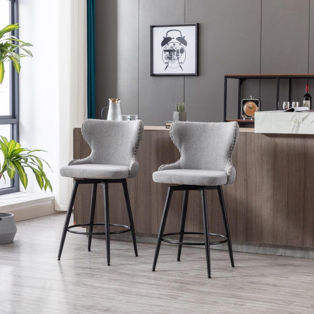 2x Swivel Bar Stools Tufted Counter Chairs with Stud Trim and Metal Base-Dark Grey - John Cootes
