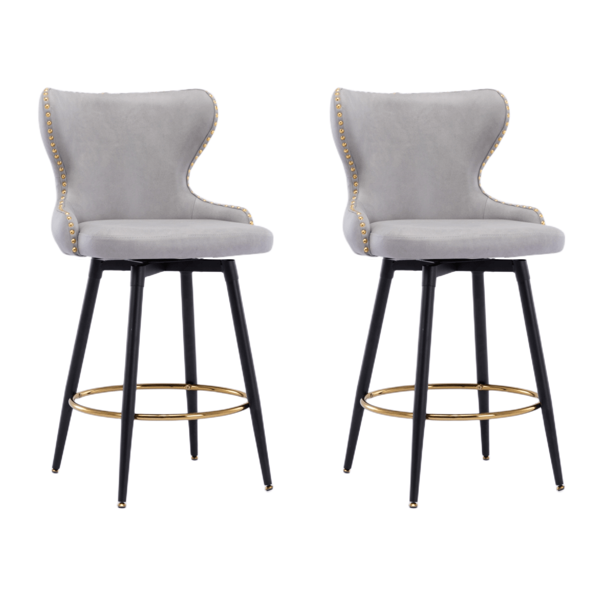 2x Swivel Bar Stools Tufted Counter Chairs with Stud Trim and Metal Base-Light Grey - John Cootes