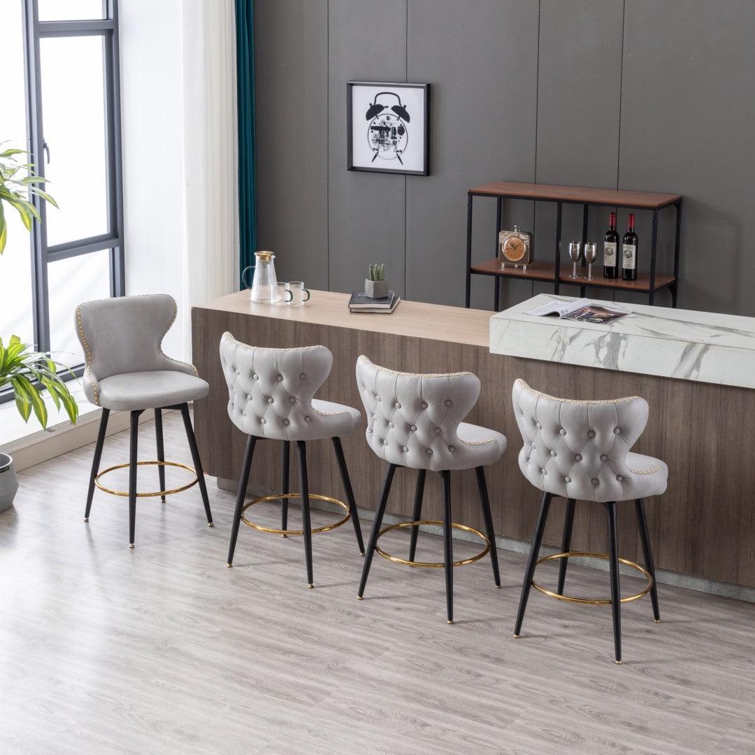 2x Swivel Bar Stools Tufted Counter Chairs with Stud Trim and Metal Base-Light Grey - John Cootes