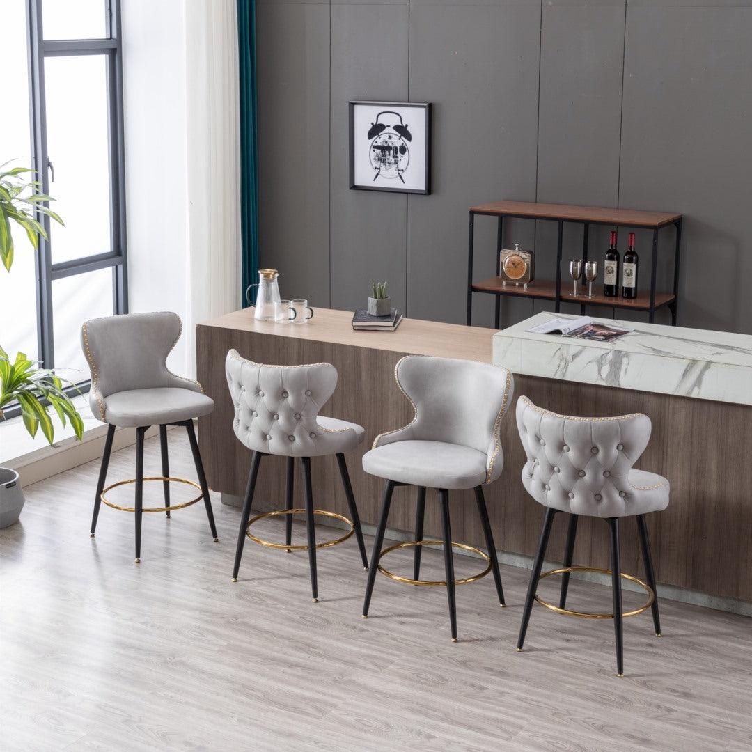 2x Swivel Bar Stools Tufted Counter Chairs with Stud Trim and Metal Base-Light Grey - John Cootes