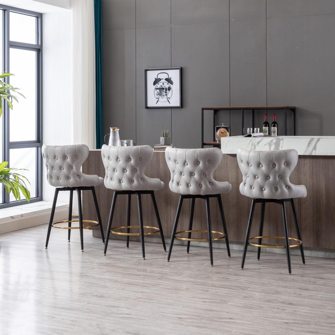 2x Swivel Bar Stools Tufted Counter Chairs with Stud Trim and Metal Base-Light Grey - John Cootes