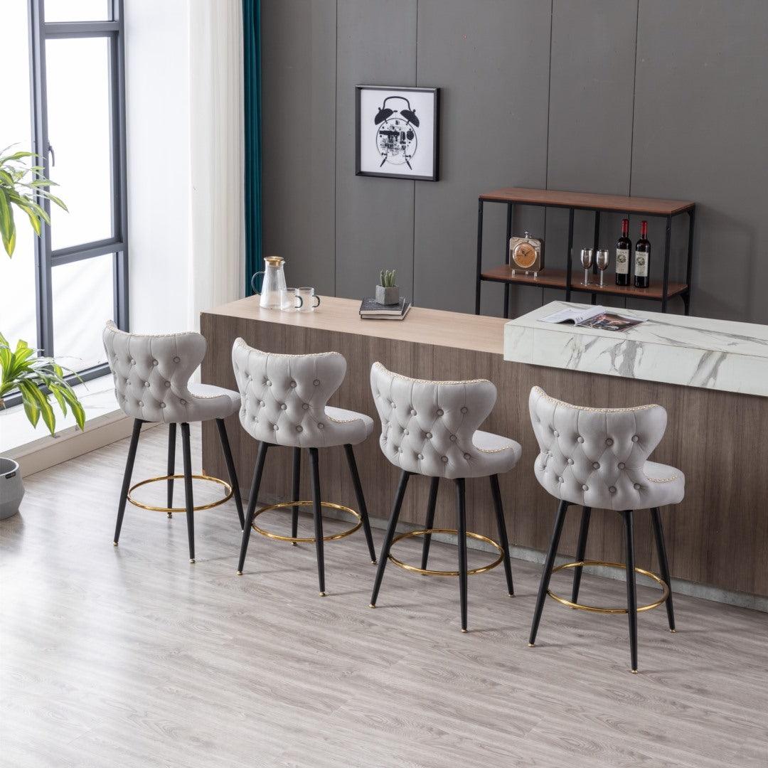 2x Swivel Bar Stools Tufted Counter Chairs with Stud Trim and Metal Base-Light Grey - John Cootes