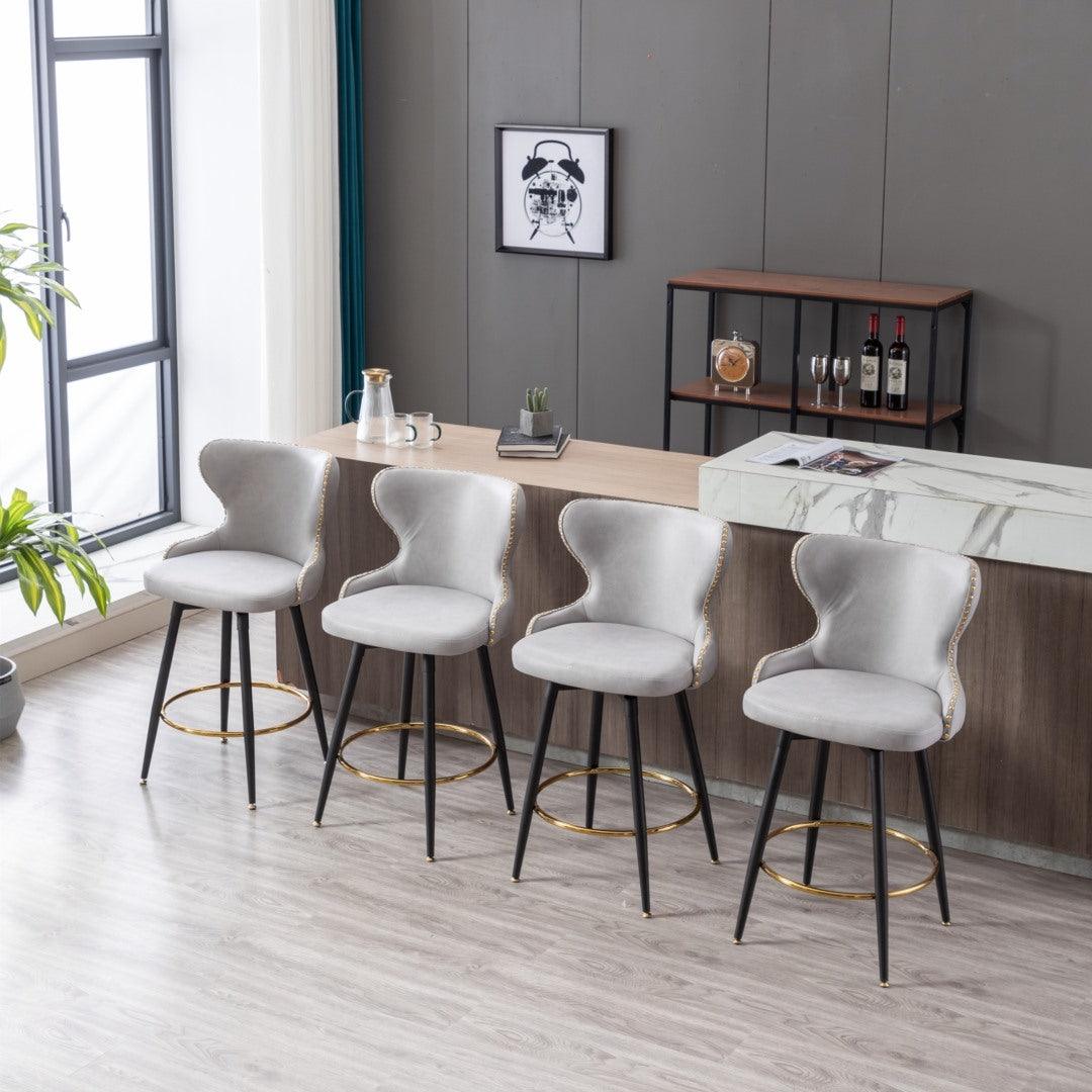 2x Swivel Bar Stools Tufted Counter Chairs with Stud Trim and Metal Base-Light Grey - John Cootes