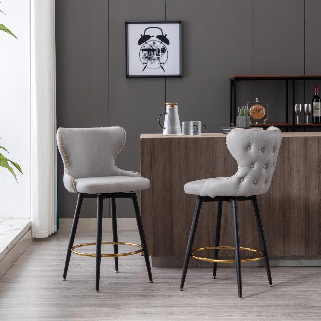 2x Swivel Bar Stools Tufted Counter Chairs with Stud Trim and Metal Base-Light Grey - John Cootes