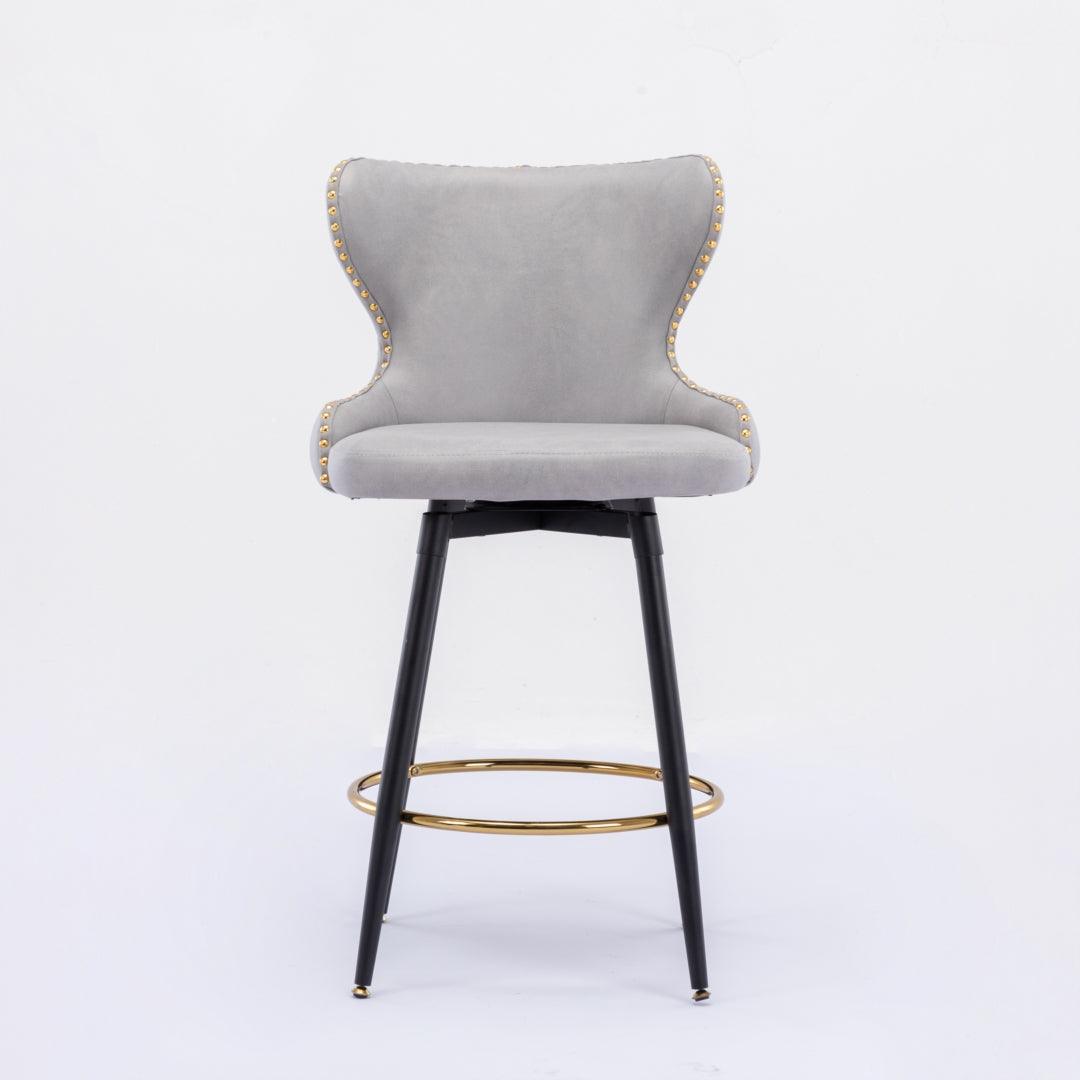 2x Swivel Bar Stools Tufted Counter Chairs with Stud Trim and Metal Base-Light Grey - John Cootes