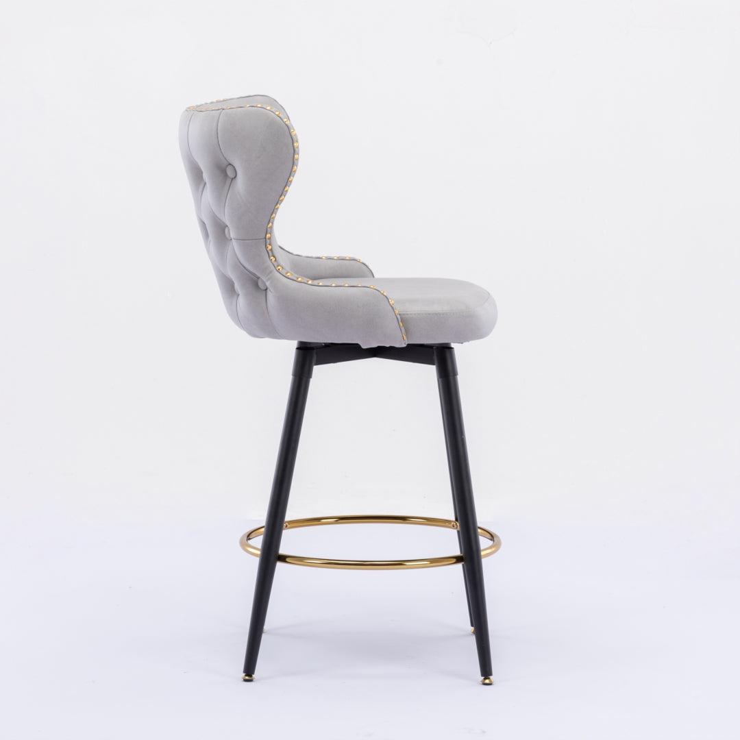 2x Swivel Bar Stools Tufted Counter Chairs with Stud Trim and Metal Base-Light Grey - John Cootes