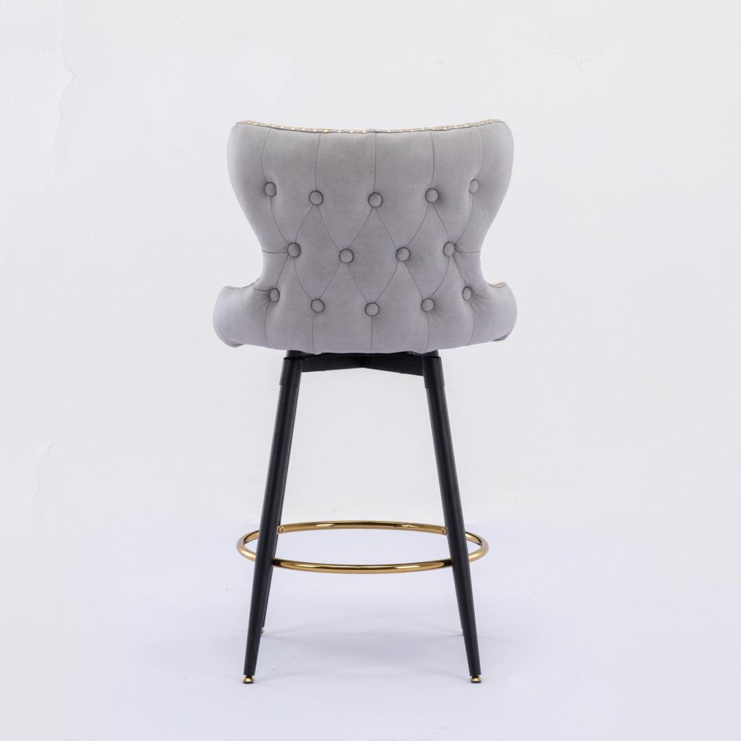 2x Swivel Bar Stools Tufted Counter Chairs with Stud Trim and Metal Base-Light Grey - John Cootes