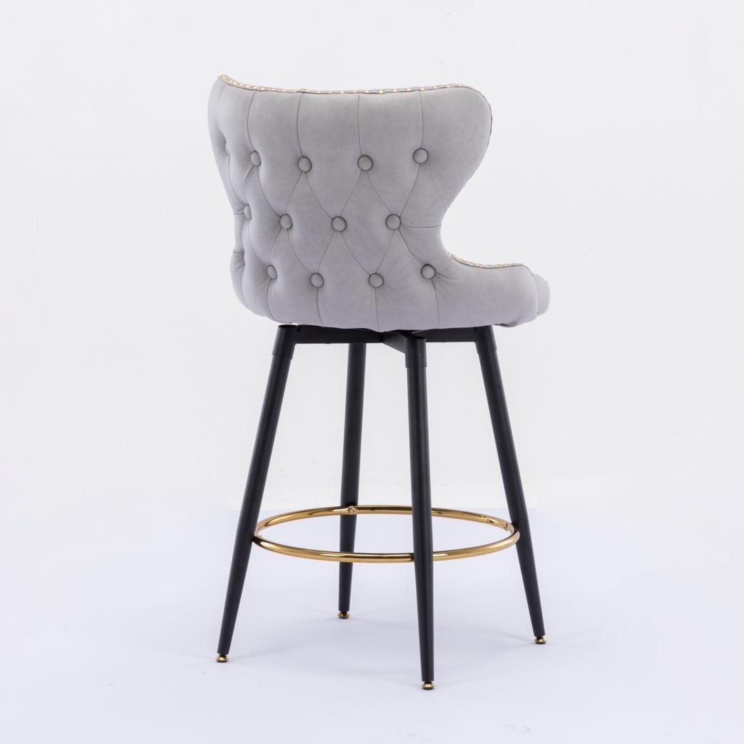 2x Swivel Bar Stools Tufted Counter Chairs with Stud Trim and Metal Base-Light Grey - John Cootes