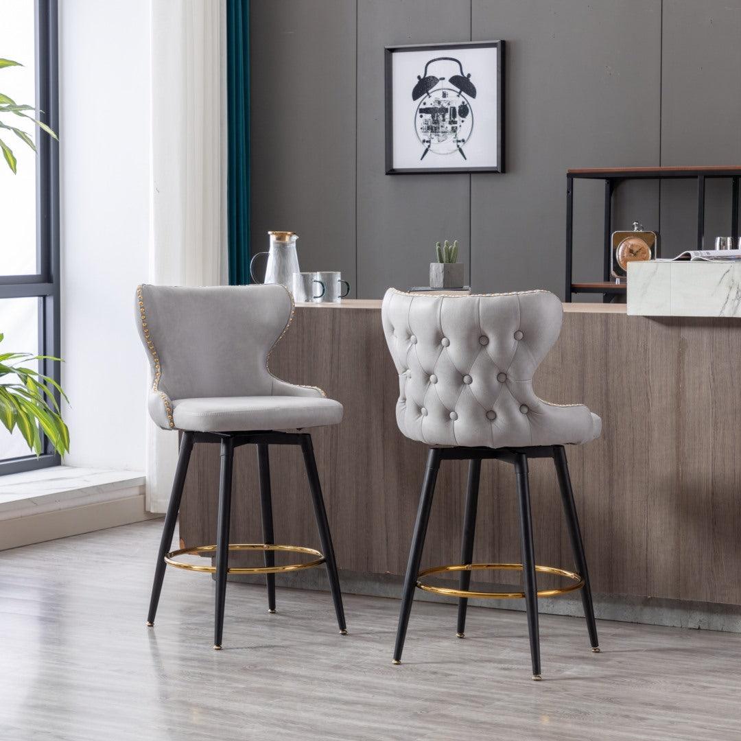 2x Swivel Bar Stools Tufted Counter Chairs with Stud Trim and Metal Base-Light Grey - John Cootes