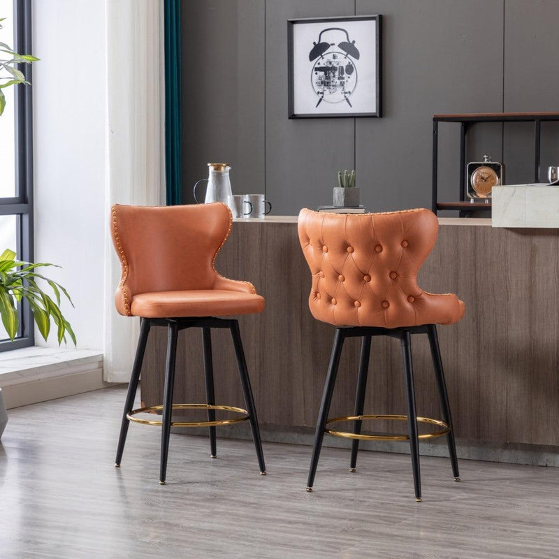 2x Swivel Bar Stools Tufted Counter Chairs with Stud Trim and Metal Base-Orange - John Cootes