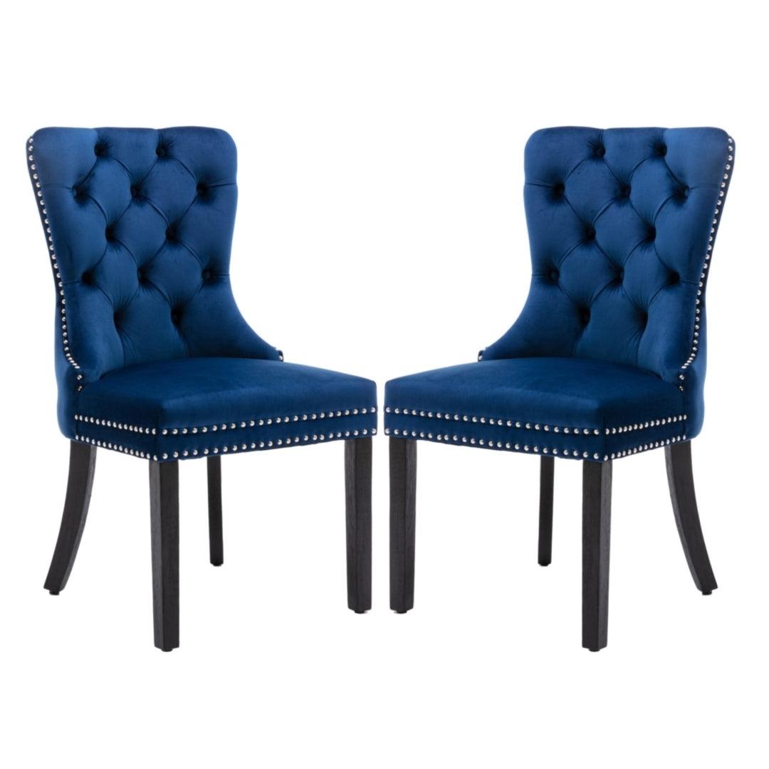 2x Velvet Dining Chairs Upholstered Tufted Kithcen Chair with Solid Wood Legs Stud Trim and Ring-Blue - John Cootes