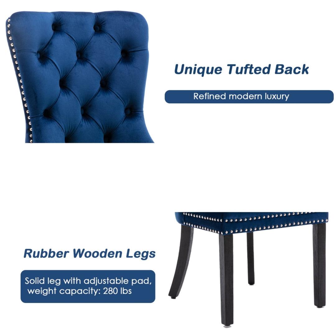 2x Velvet Dining Chairs Upholstered Tufted Kithcen Chair with Solid Wood Legs Stud Trim and Ring-Blue - John Cootes