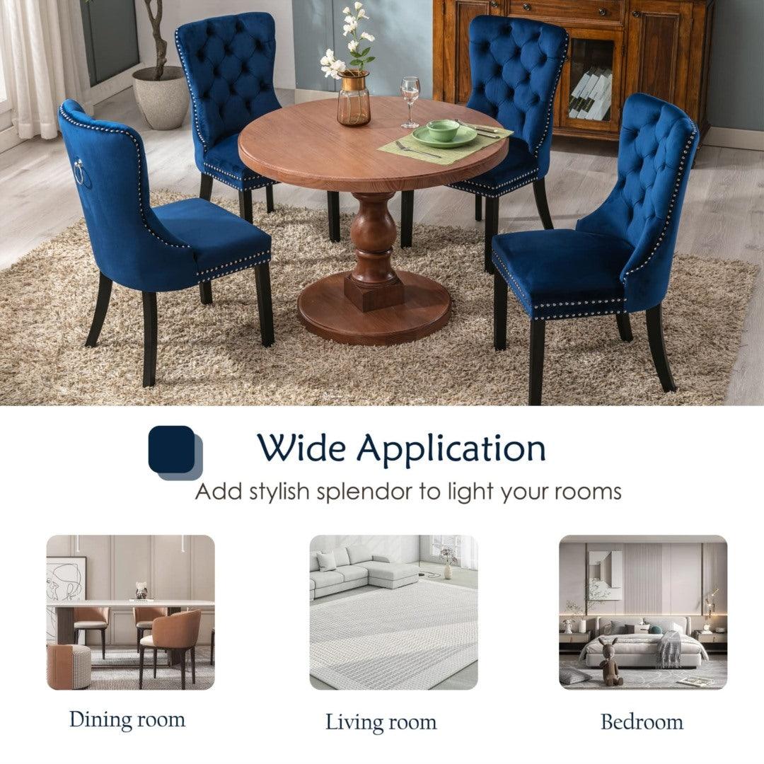 2x Velvet Dining Chairs Upholstered Tufted Kithcen Chair with Solid Wood Legs Stud Trim and Ring-Blue - John Cootes