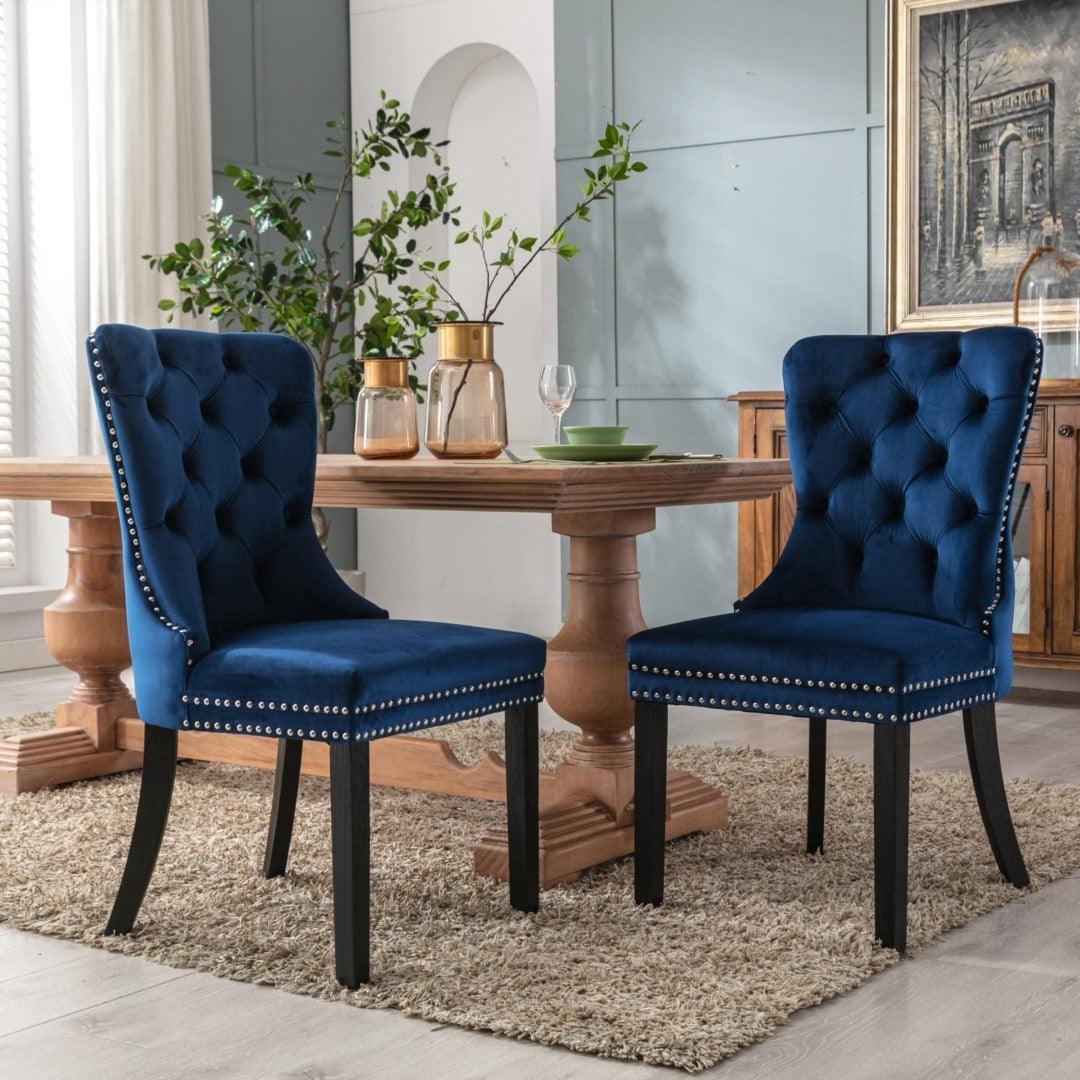 2x Velvet Dining Chairs Upholstered Tufted Kithcen Chair with Solid Wood Legs Stud Trim and Ring-Blue - John Cootes