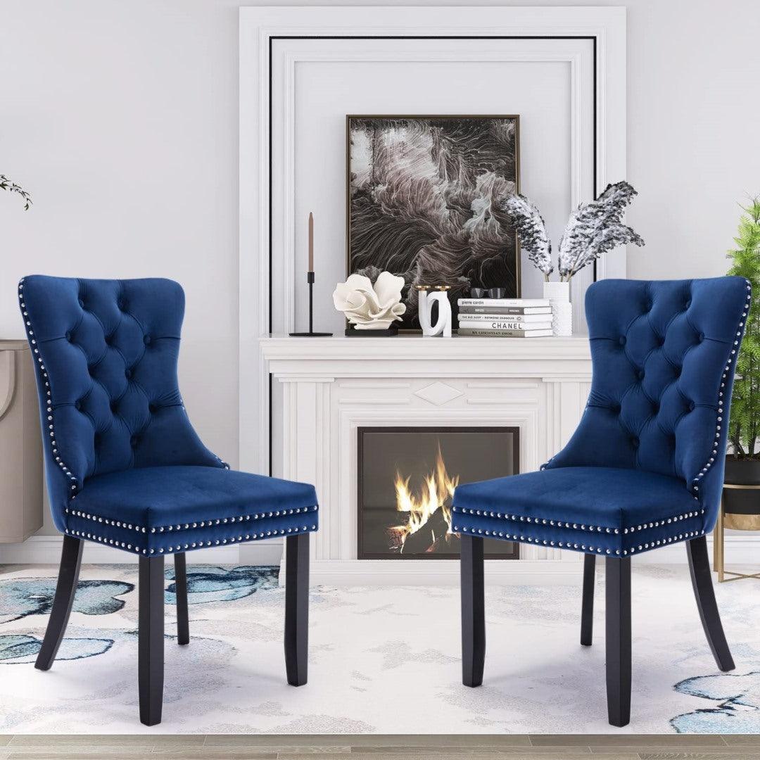 2x Velvet Dining Chairs Upholstered Tufted Kithcen Chair with Solid Wood Legs Stud Trim and Ring-Blue - John Cootes
